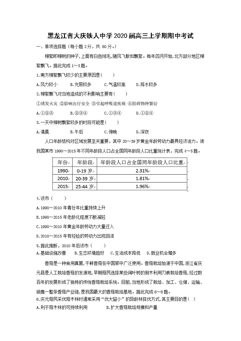 【地理】黑龙江省大庆铁人中学2020届高三上学期期中考试01
