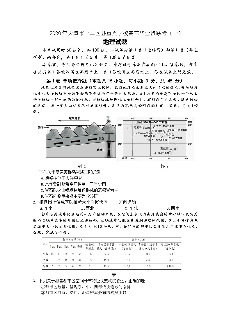 天津市十二区县重点学校2020届高三毕业班联考（一）地理试题01