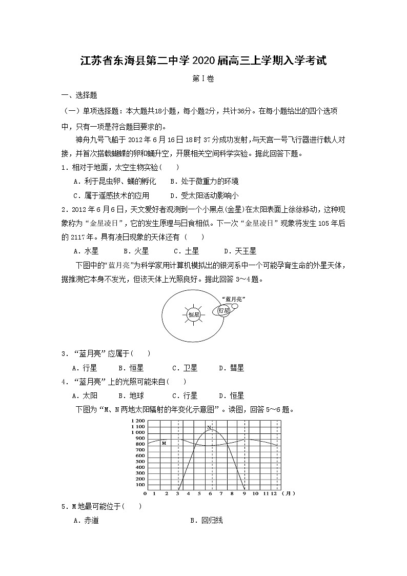 【地理】江苏省东海县第二中学2020届高三上学期入学考试01