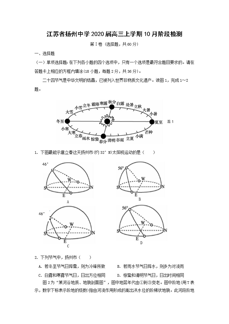 【地理】江苏省扬州中学2020届高三上学期10月阶段检测01