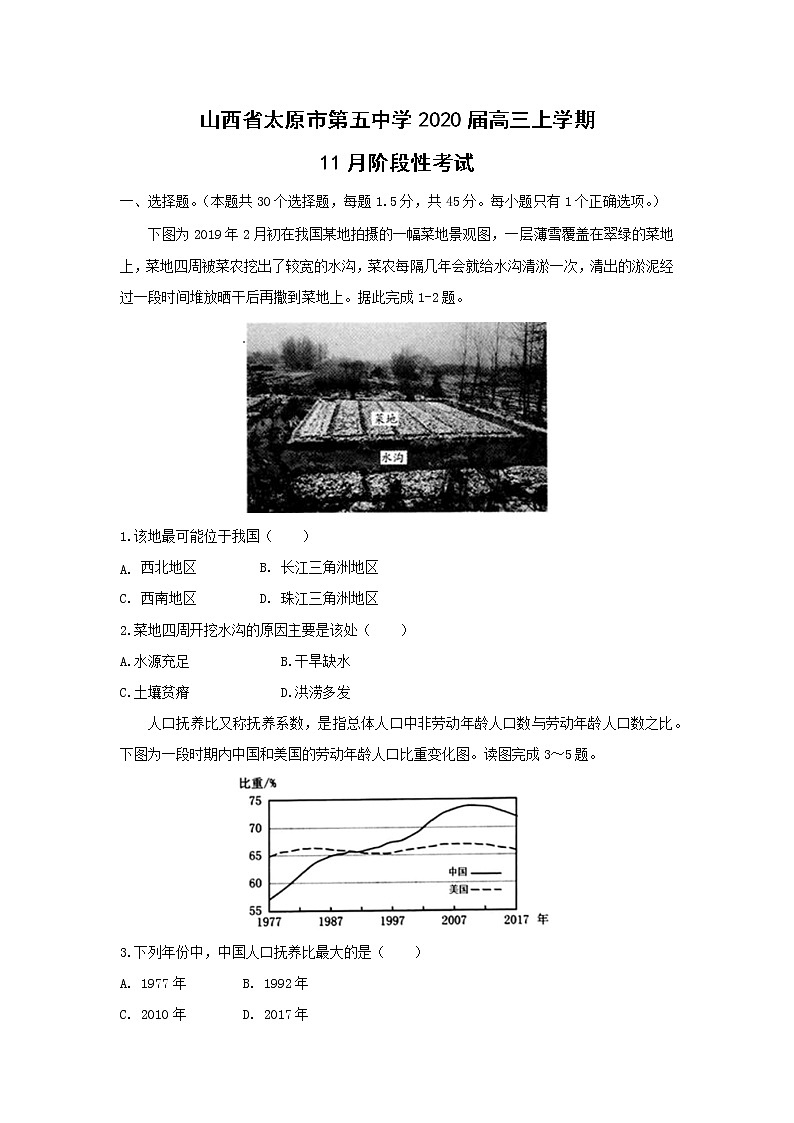 【地理】山西省太原市第五中学2020届高三上学期11月阶段性考试01