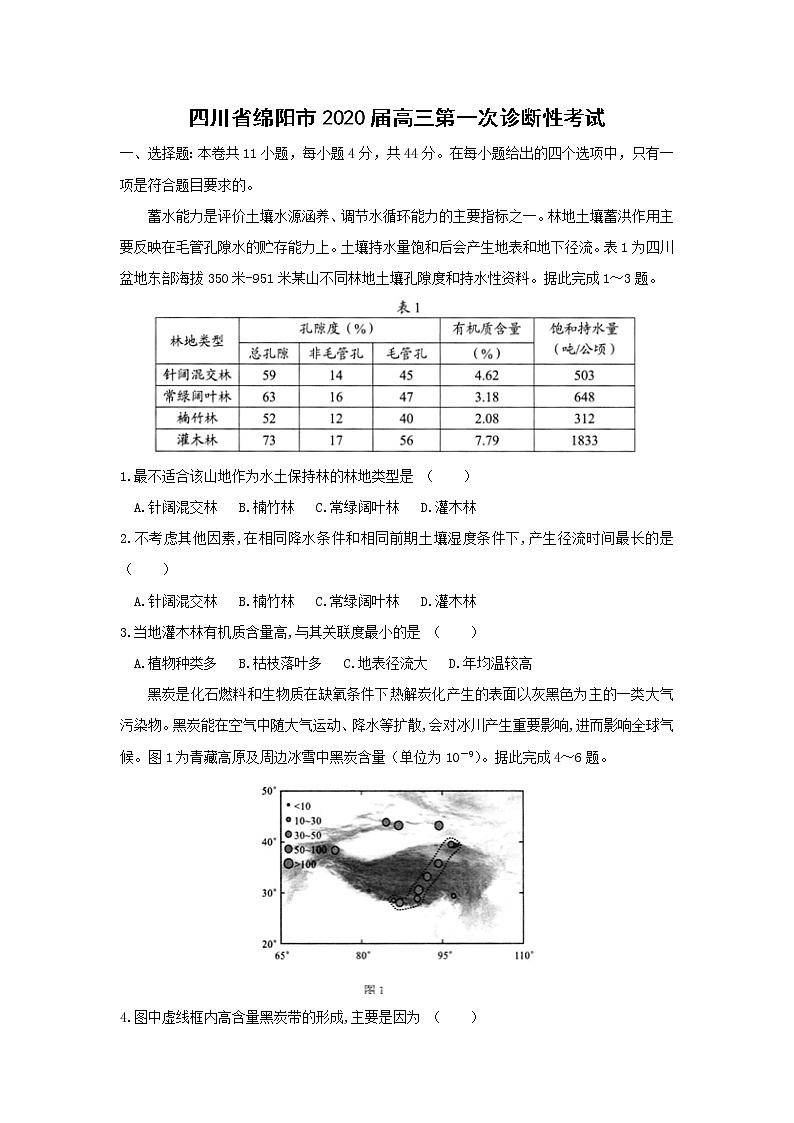 【地理】四川省绵阳市2020届高三第一次诊断性考试01