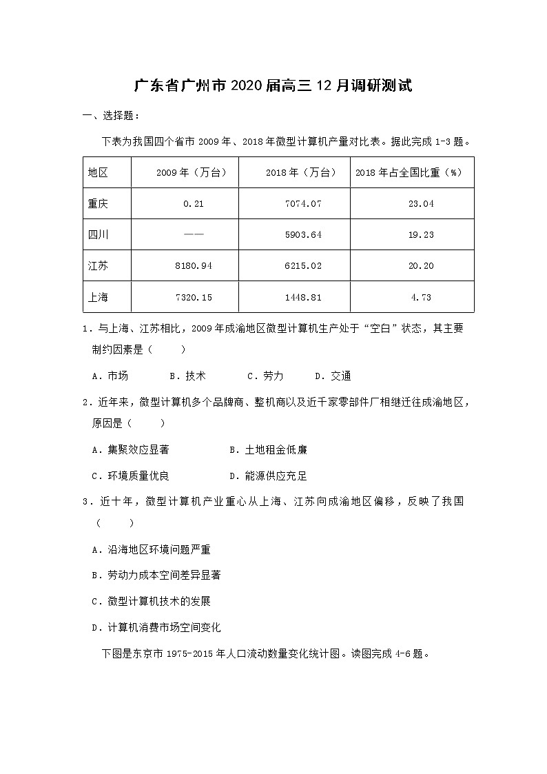 【地理】广东省广州市2020届高三12月调研测试01