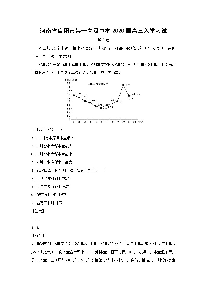 【地理】河南省信阳市第一高级中学2020届高三入学考试01