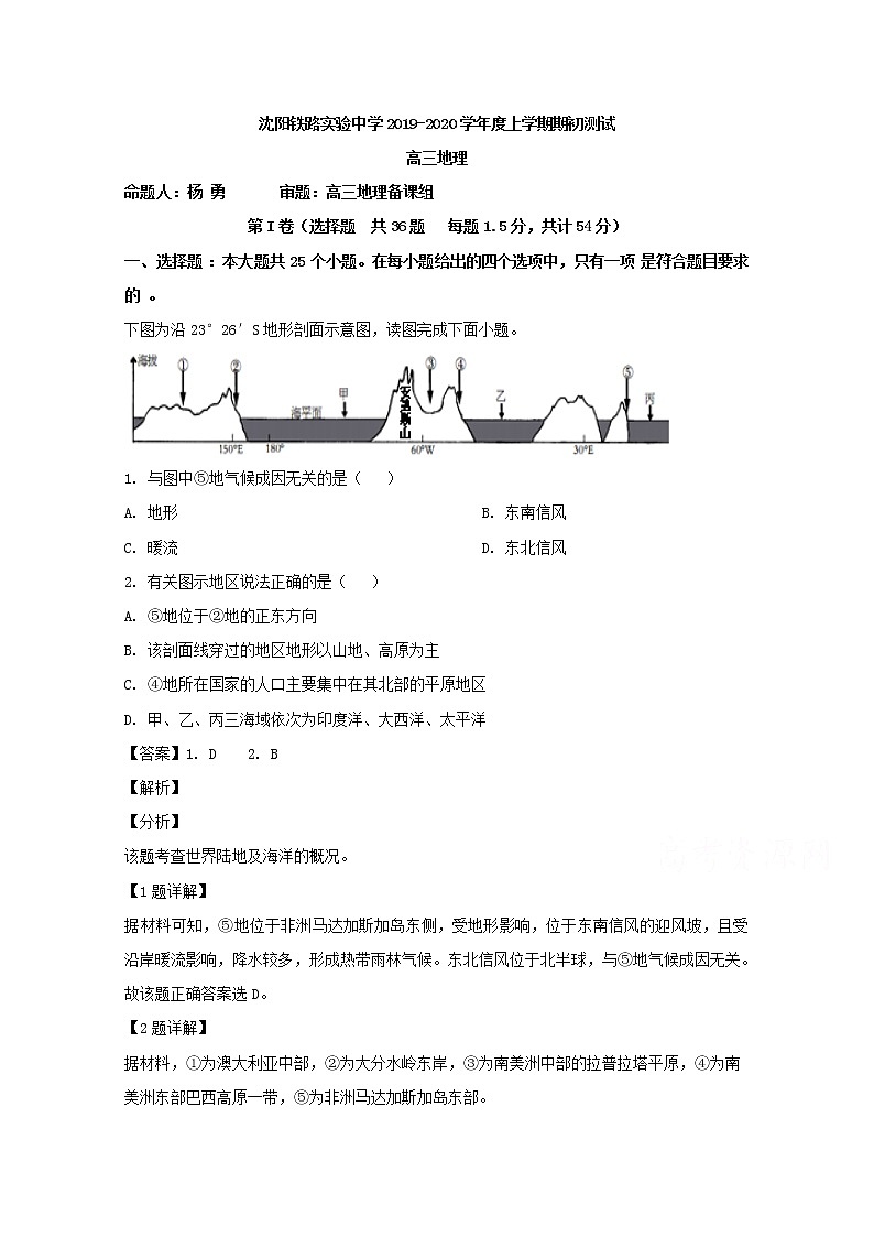 辽宁省沈阳铁路实验中学2020届高三上学期开学考试地理试题01