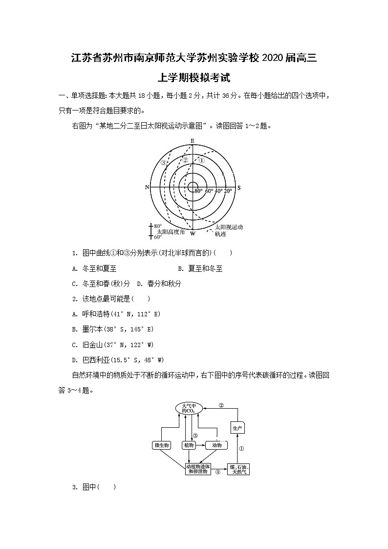 【地理】江苏省苏州市南京师范大学苏州实验学校2020届高三上学期模拟考试01