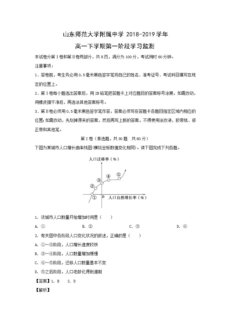 【地理】山东师范大学附属中学2018-2019学年高一下学期第一阶段学习监测（解析版）01