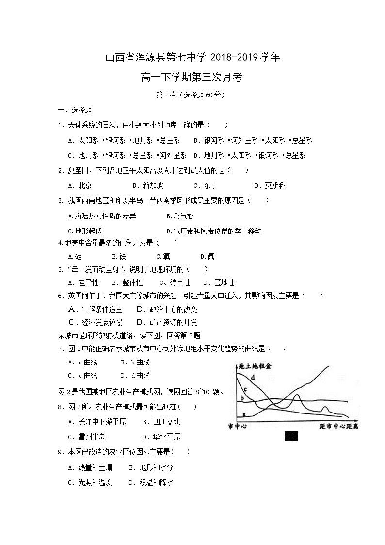 【地理】山西省浑源县第七中学2018-2019学年高一下学期第三次月考 试卷01