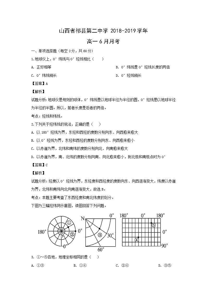 【地理】山西省祁县第二中学2018-2019学年高一6月月考（解析版） 试卷01
