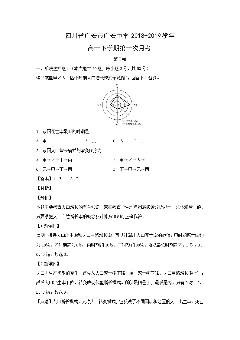 【地理】四川省广安市广安中学2018-2019学年高一下学期第一次月考（解析版）第1页