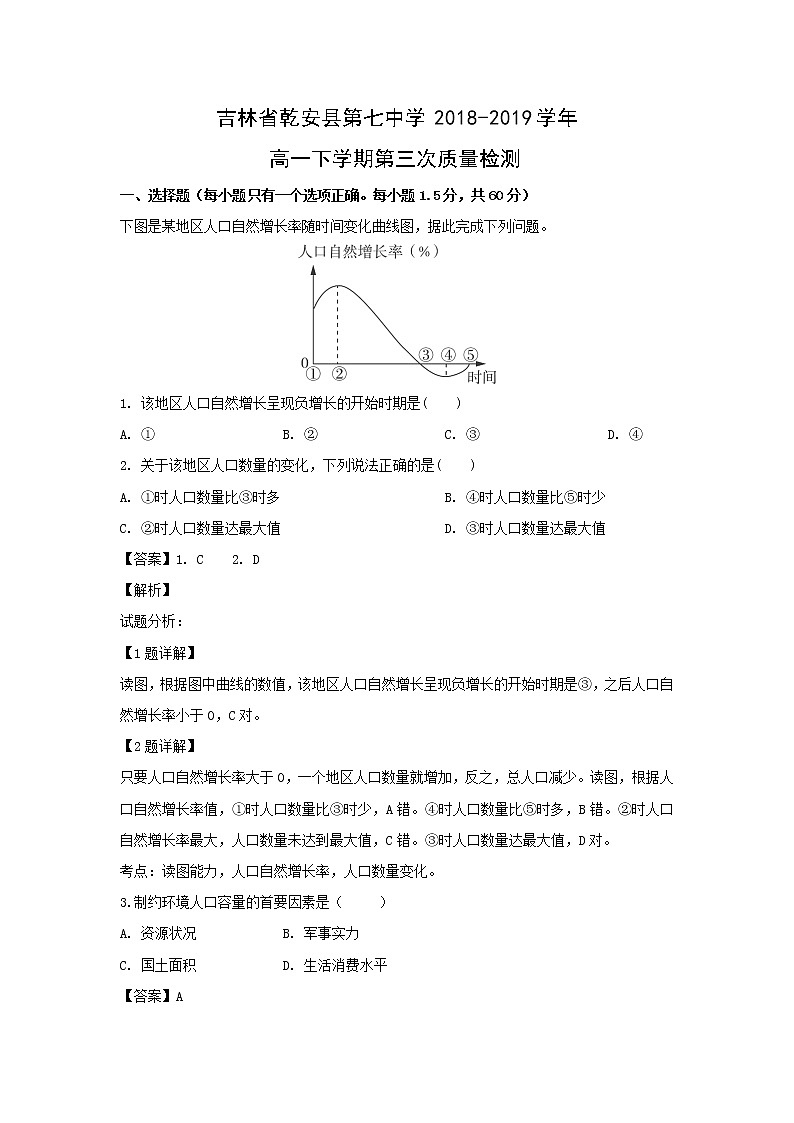 【地理】吉林省乾安县第七中学2018-2019学年高一下学期第三次质量检测（解析版）01