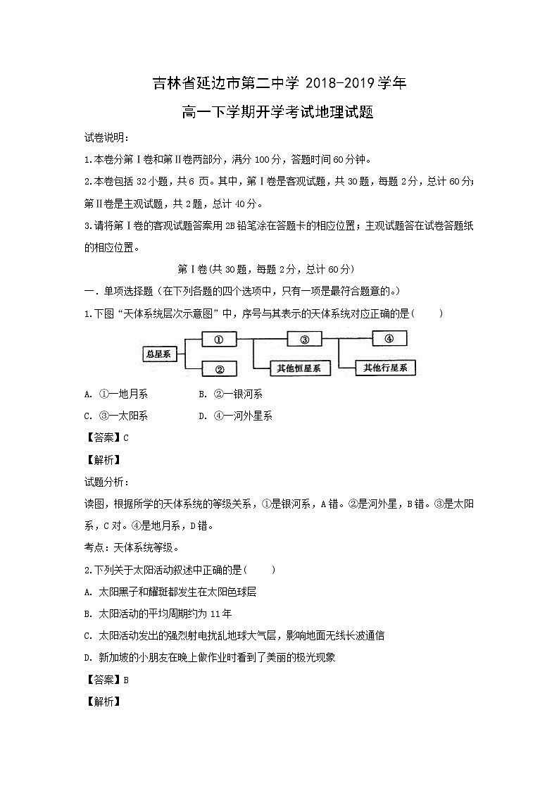 【地理】吉林省延边市第二中学2018-2019学年高一下学期开学考试 (1)01