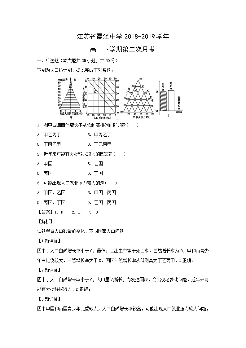 【地理】江苏省震泽中学2018-2019学年高一下学期第二次月考（解析版） 试卷01