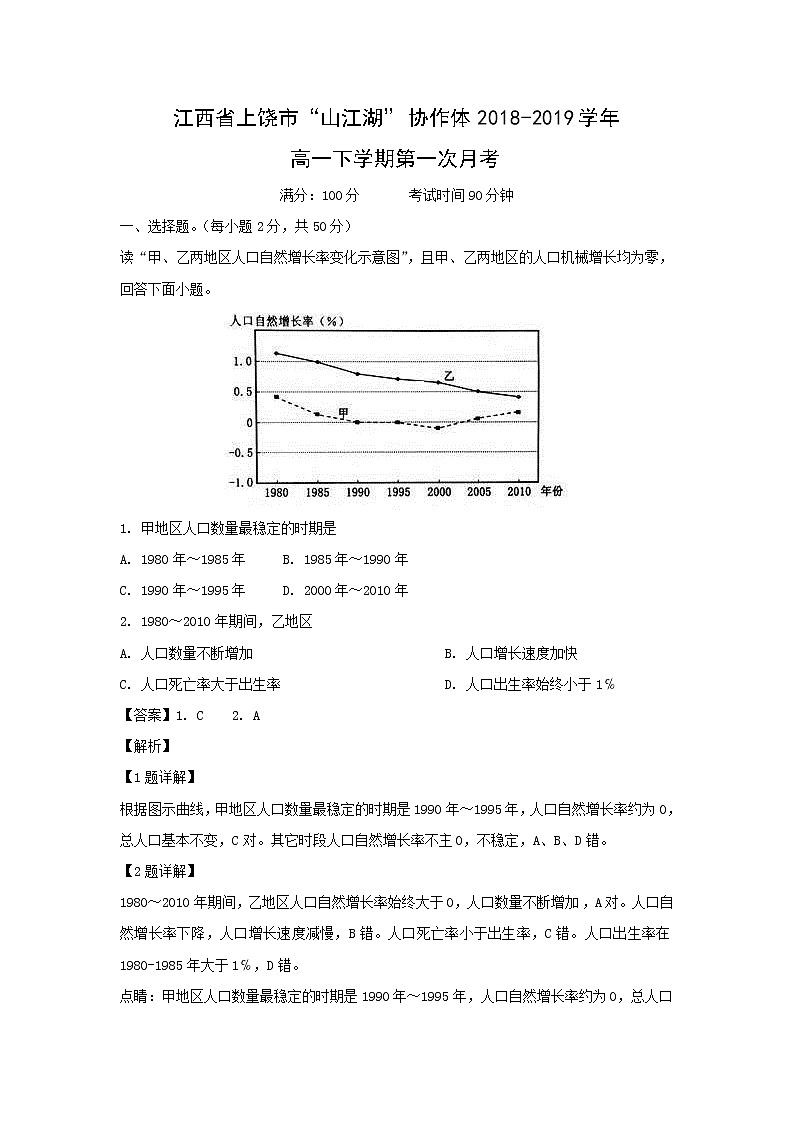 【地理】江西省上饶市“山江湖”协作体2018-2019学年高一下学期第一次月考（统招班）（解析版） 试卷01