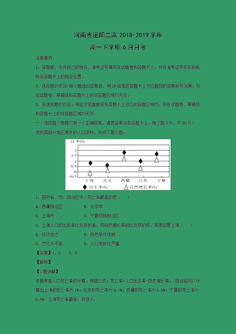 【地理】河南省泌阳二高2018-2019学年高一下学期6月月考（解析版） 试卷01