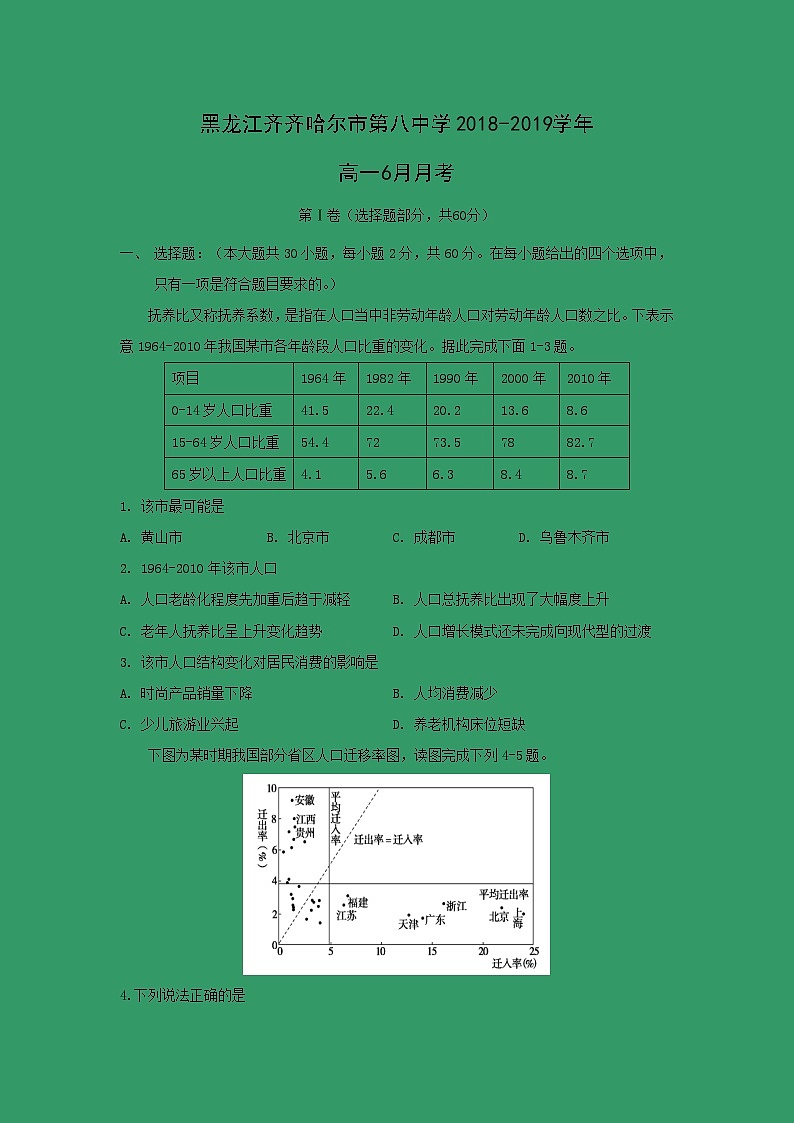【地理】黑龙江齐齐哈尔市第八中学2018-2019学年高一6月月考 试卷01