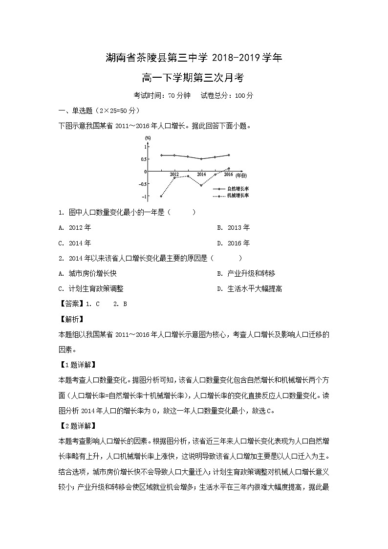 【地理】湖南省茶陵县第三中学2018-2019学年高一下学期第三次月考（解析版） 试卷01