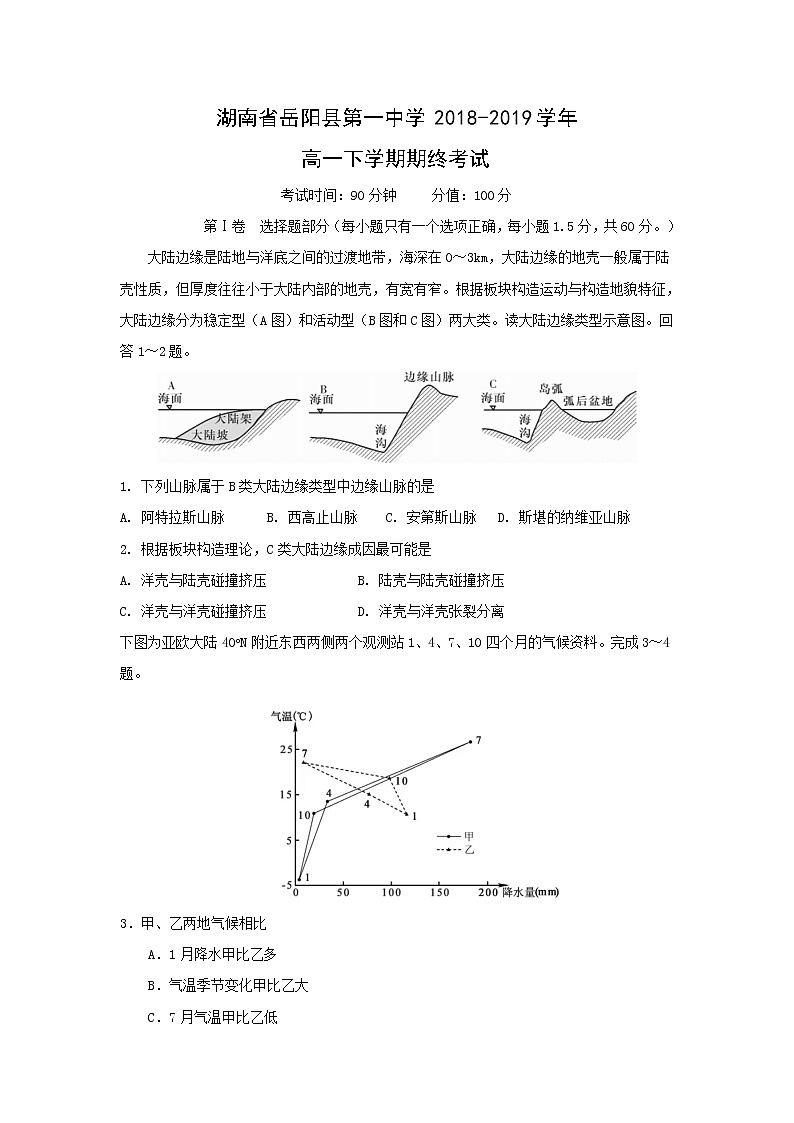 【地理】湖南省岳阳县第一中学2018-2019学年高一下学期期终考试01