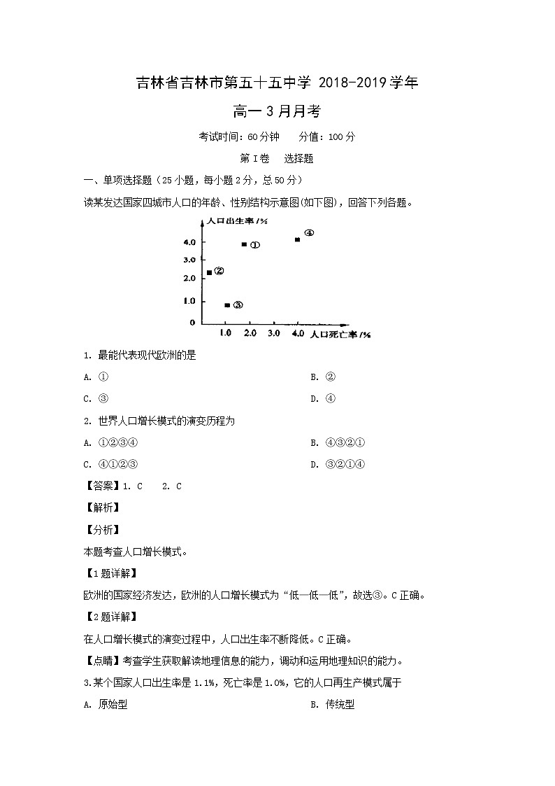 【地理】吉林省吉林市第五十五中学2018-2019学年高一3月月考（解析版） 试卷01