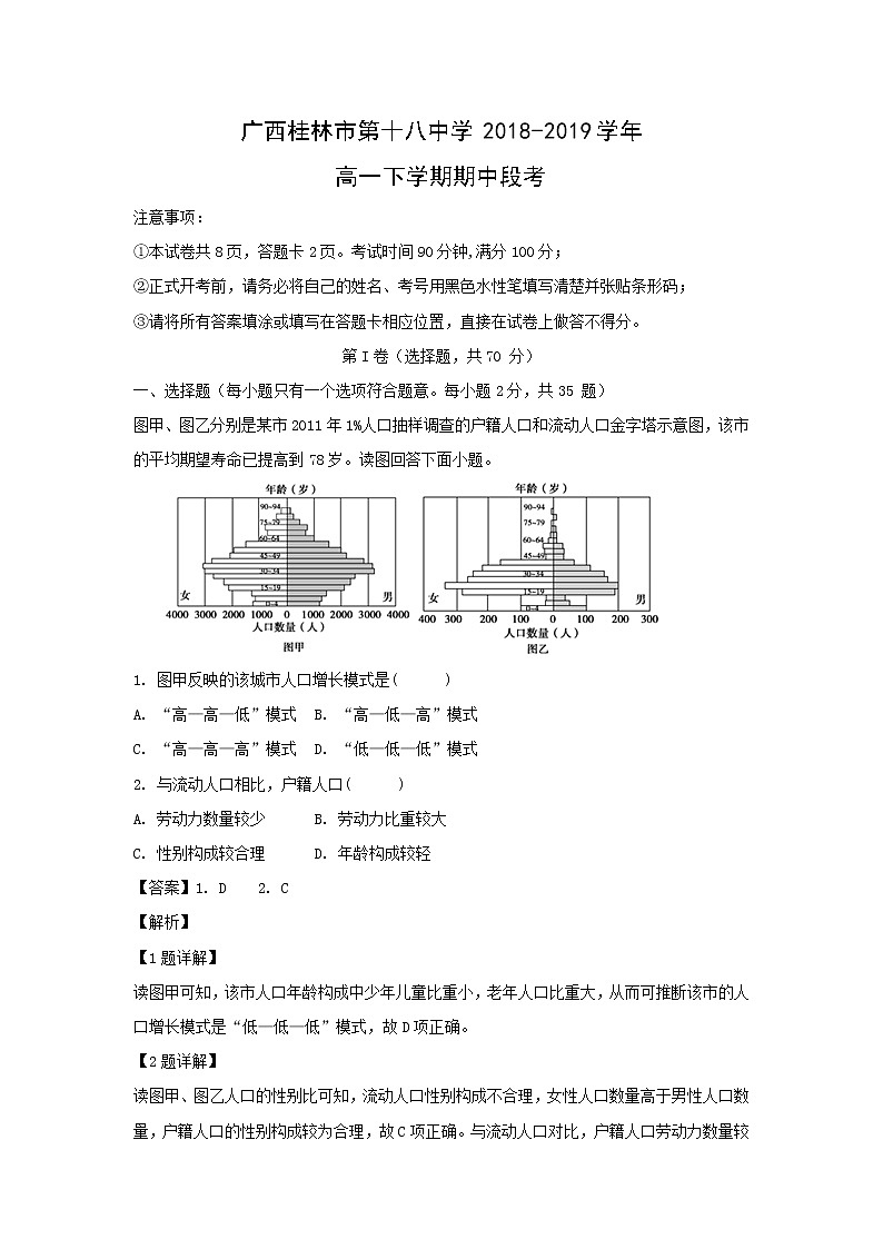 【地理】广西桂林市第十八中学2018-2019学年高一下学期期中段考（解析版） 试卷01