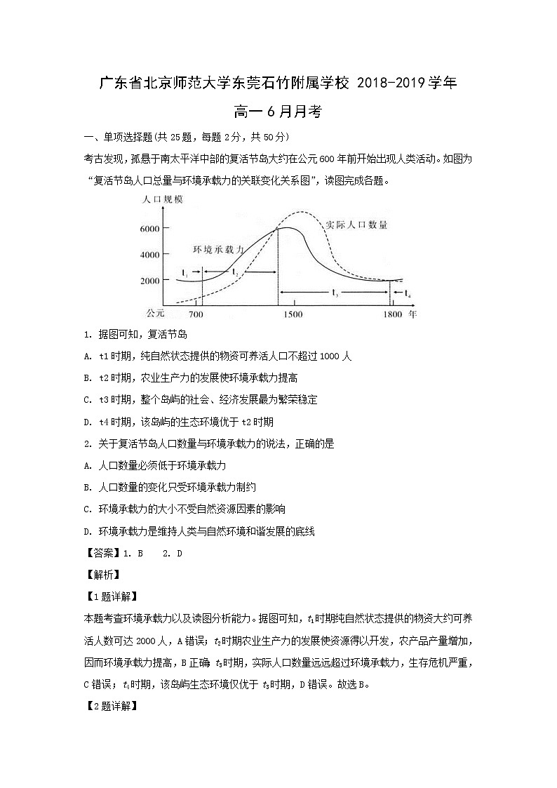 【地理】广东省北京师范大学东莞石竹附属学校2018-2019学年高一6月月考（解析版） 试卷01