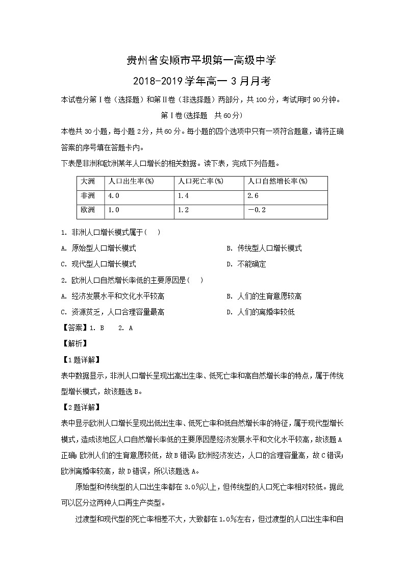 【地理】贵州省安顺市平坝第一高级中学2018-2019学年高一3月月考（解析版） 试卷01