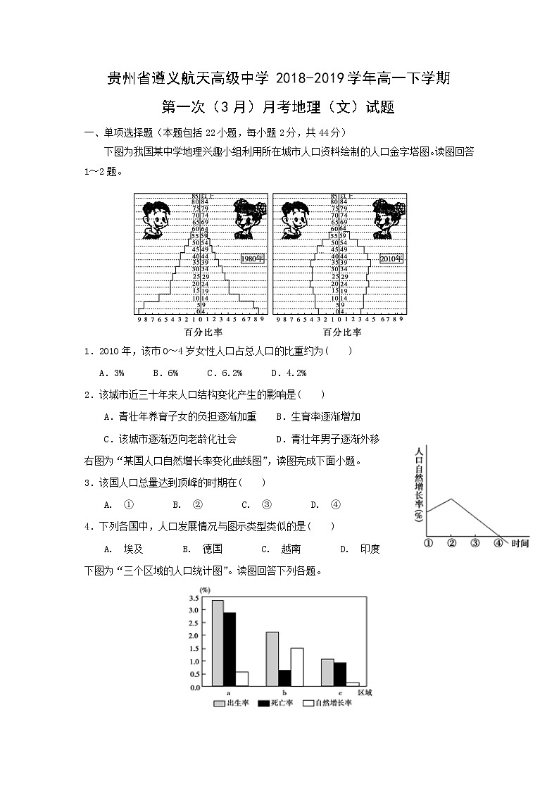 【地理】贵州省遵义航天高级中学2018-2019学年高一下学期第一次（3月）月考（文） 试卷01