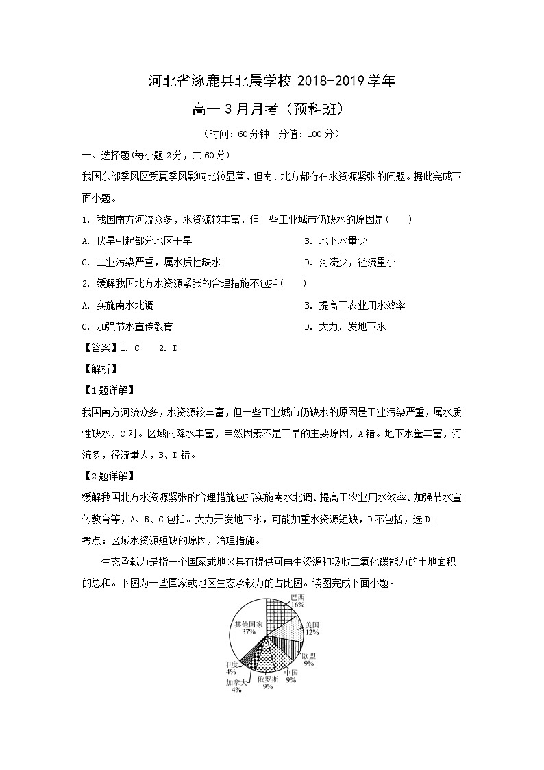 【地理】河北省涿鹿县北晨学校2018-2019学年高一3月月考（预科班） 试卷01
