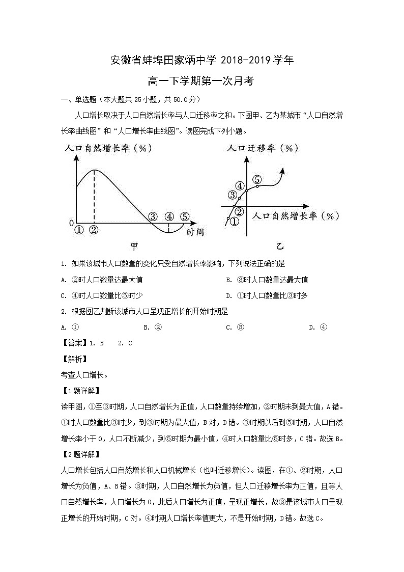 【地理】安徽省蚌埠田家炳中学2018-2019学年高一下学期第一次月考（解析版） 试卷01