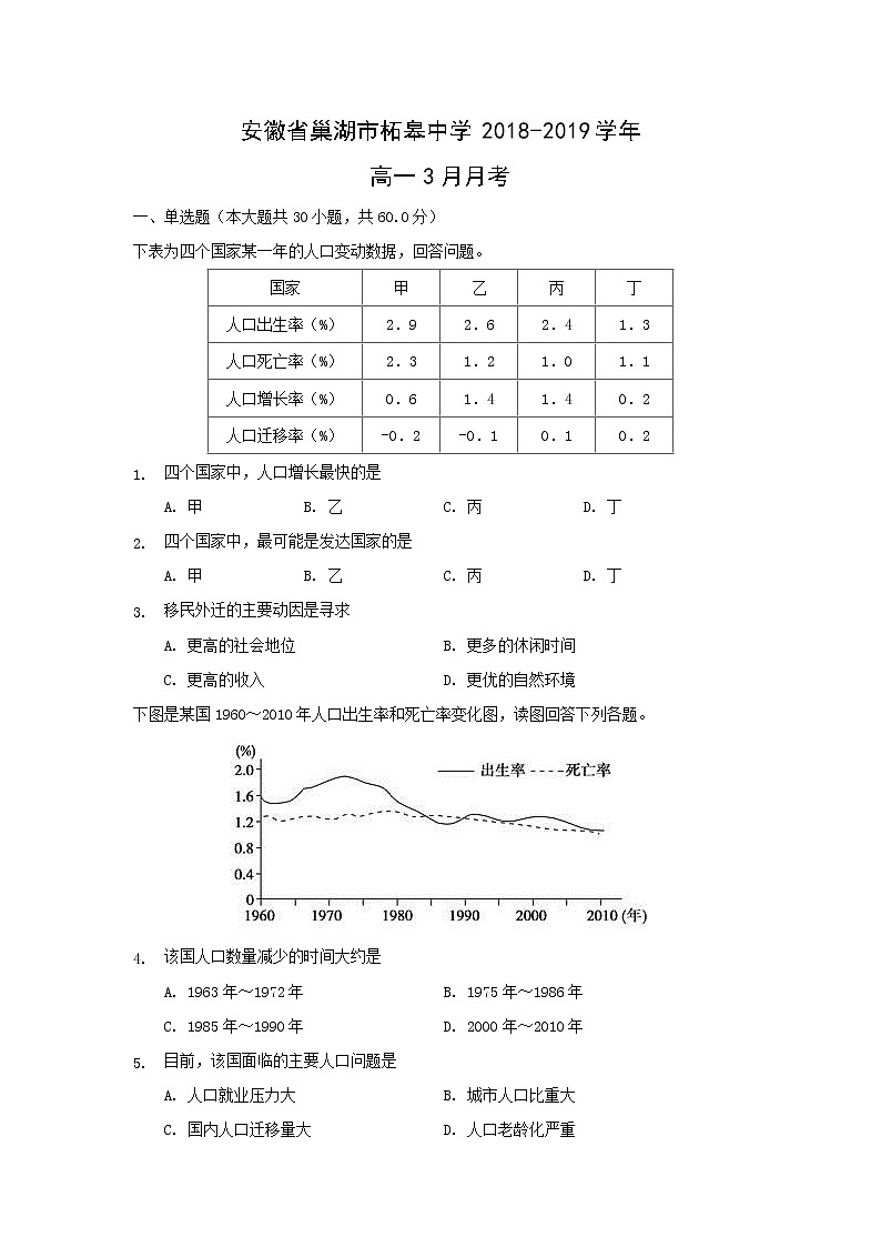【地理】安徽省巢湖市柘皋中学2018-2019学年高一3月月考 试卷01