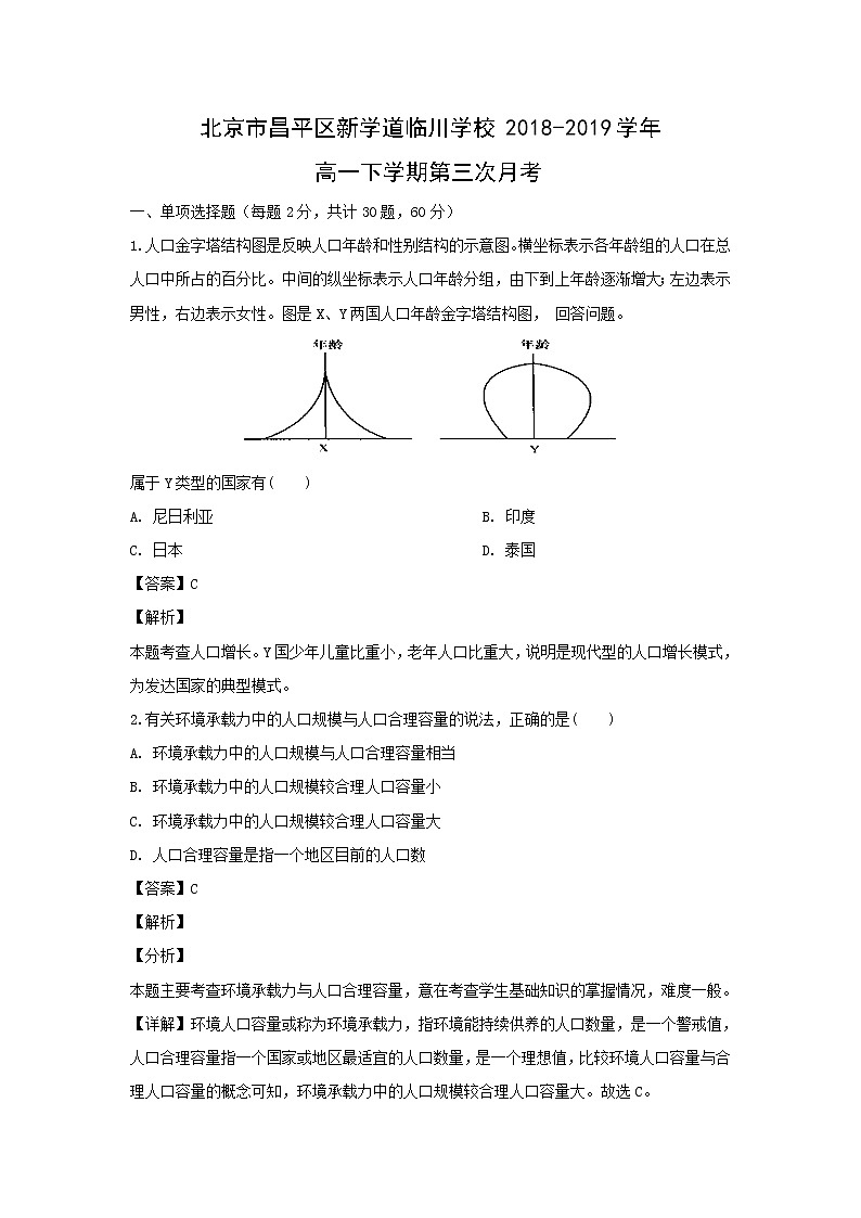 【地理】北京市昌平区新学道临川学校2018-2019学年高一下学期第三次月考 试卷01