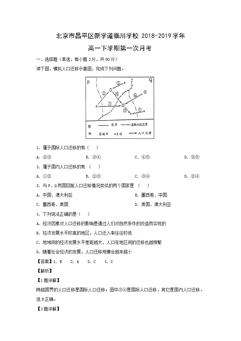 【地理】北京市昌平区新学道临川学校2018-2019学年高一下学期第一次月考（解析版） 试卷01