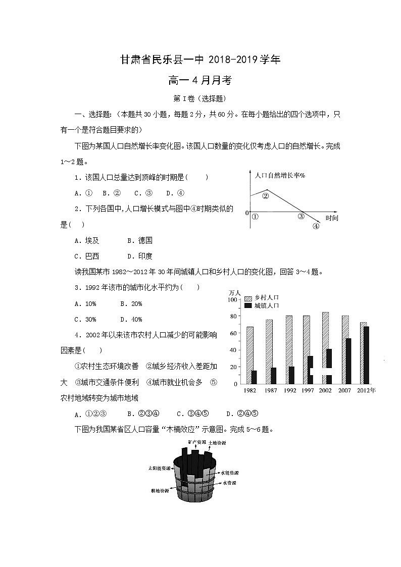 【地理】甘肃省民乐县一中2018-2019学年高一4月月考 试卷01