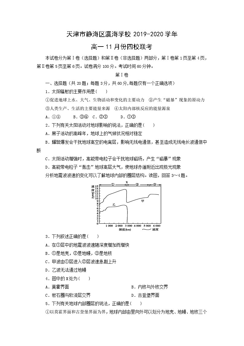 【地理】天津市静海区瀛海学校2019-2020学年高一11月份四校联考 试卷01