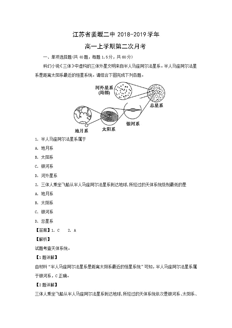 【地理】江苏省姜堰二中2018-2019学年高一上学期第二次月考（解析版） 试卷01