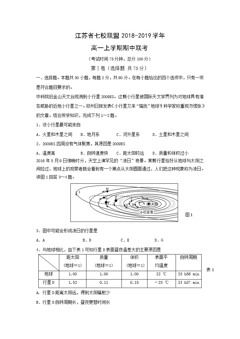 【地理】江苏省七校联盟2018-2019学年高一上学期联考 试卷01