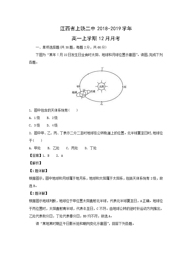 【地理】江西省上饶二中2018-2019学年高一上学期12月月考（解析版）第1页