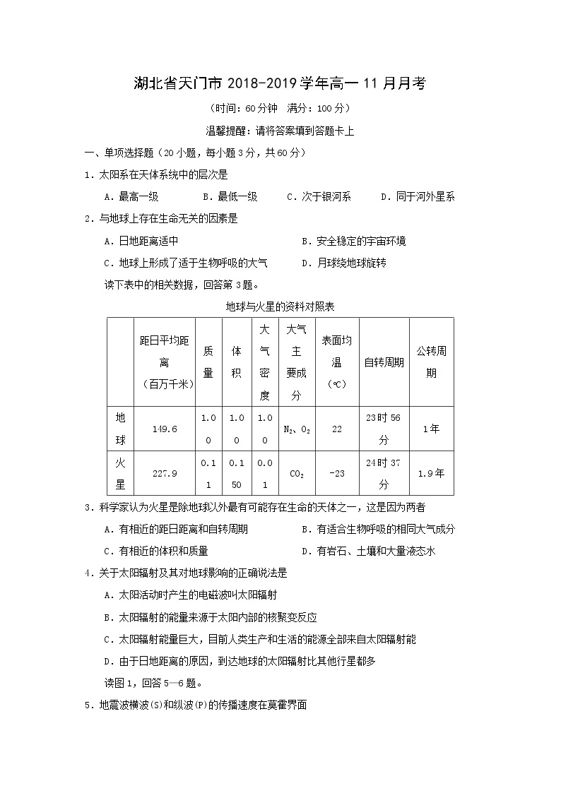 【地理】湖北省天门市2018-2019学年高一11月月考 试卷01