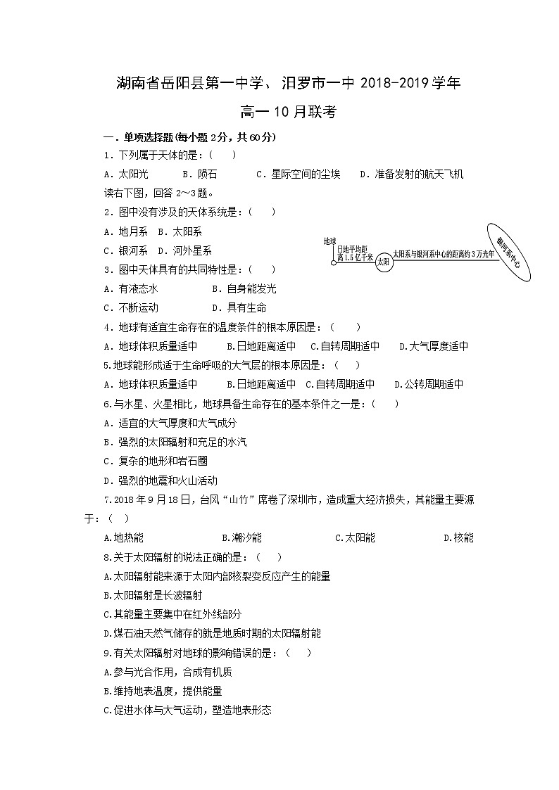 【地理】湖南省岳阳县第一中学、汨罗市一中2018-2019学年高一10月联考 试卷01