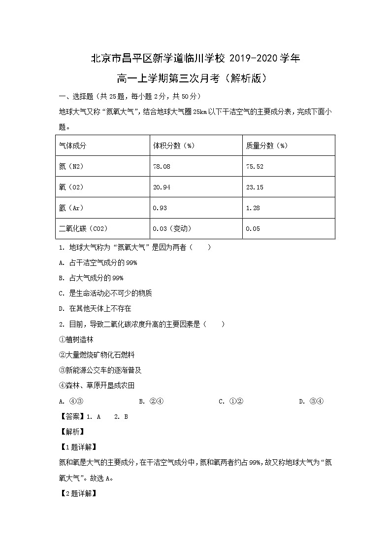 【地理】北京市昌平区新学道临川学校2019-2020学年高一上学期第三次月考（解析版） 试卷01