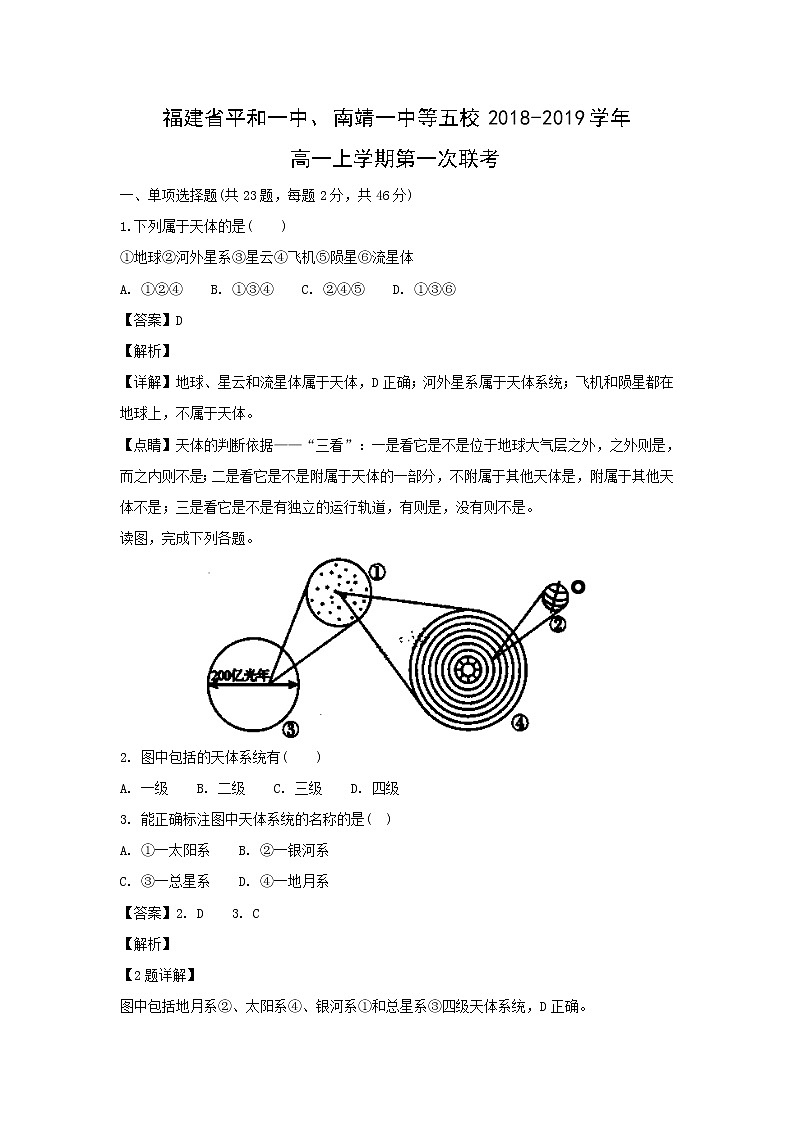 【地理】福建省平和一中、南靖一中等五校2018-2019学年高一上学期第一次联考（解析版） 试卷01