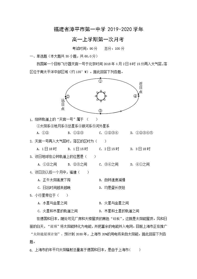 【地理】福建省漳平市第一中学2019-2020学年高一上学期第一次月考 试卷01