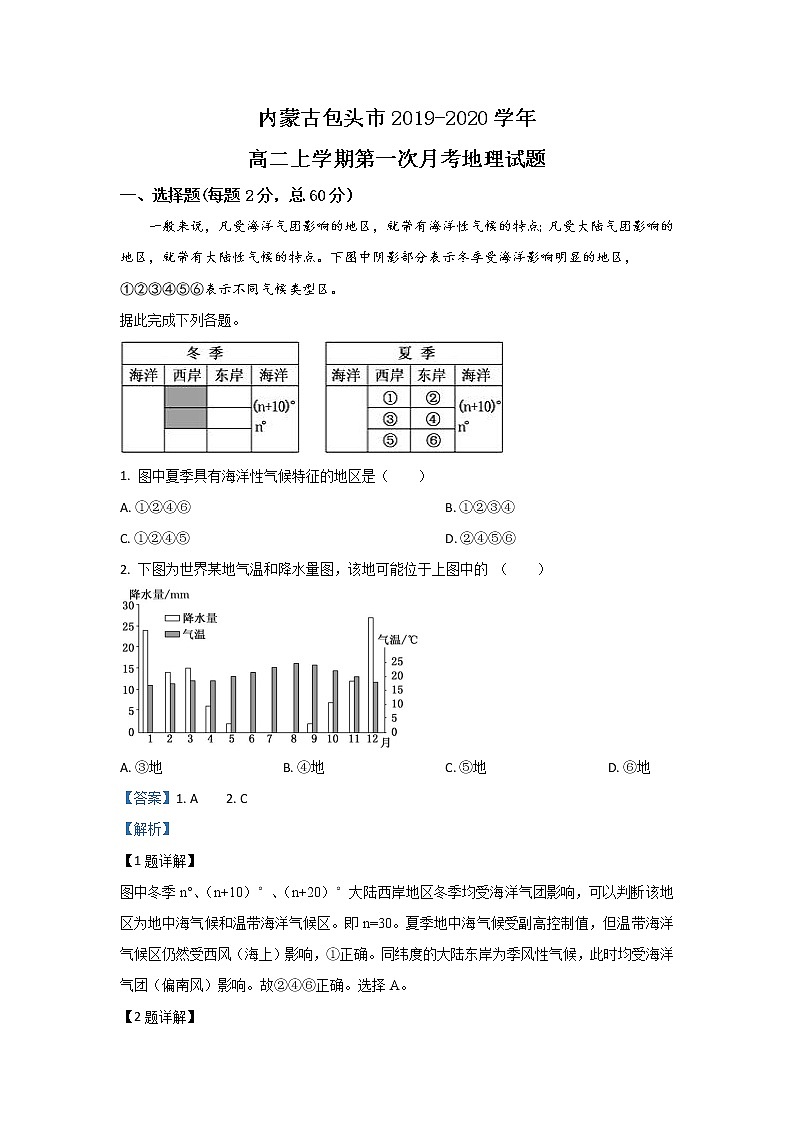 2019-2020学年内蒙古包头市高二上学期第一次月考地理试题 解析版01