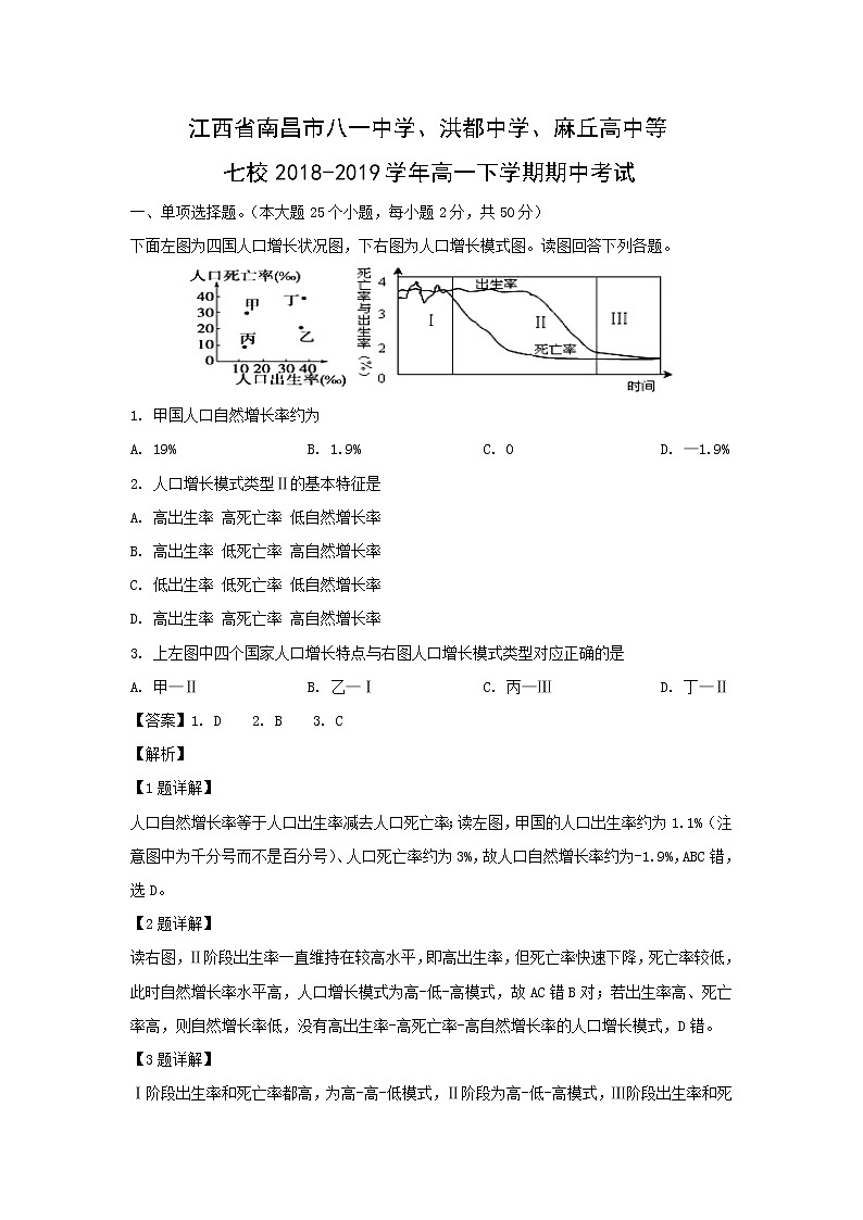 【地理】江西省南昌市八一中学、洪都中学、麻丘高中等七校2018-2019学年高一下学期期中考试（解析版）01