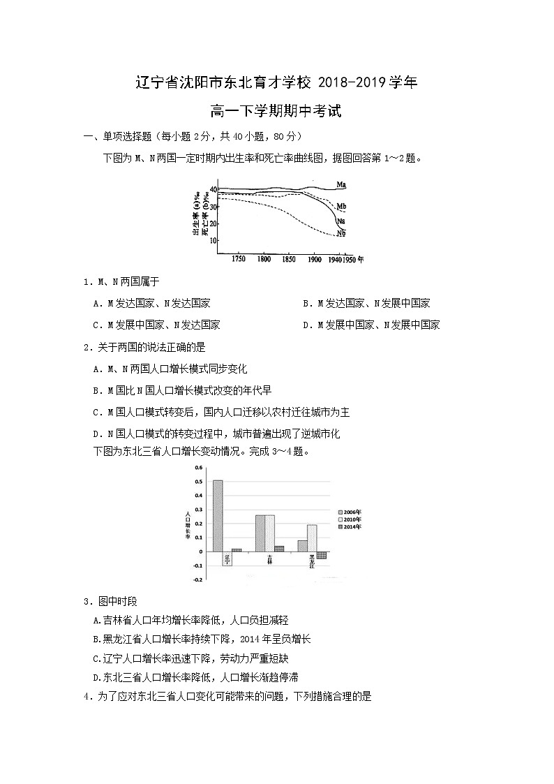 【地理】辽宁省沈阳市东北育才学校2018-2019学年高一下学期期中考试01