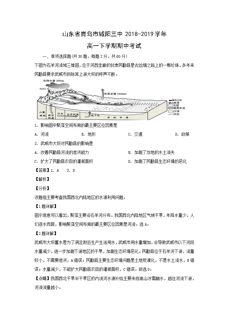 【地理】山东省青岛市城阳三中2018-2019学年高一下学期期中考试（解析版）01