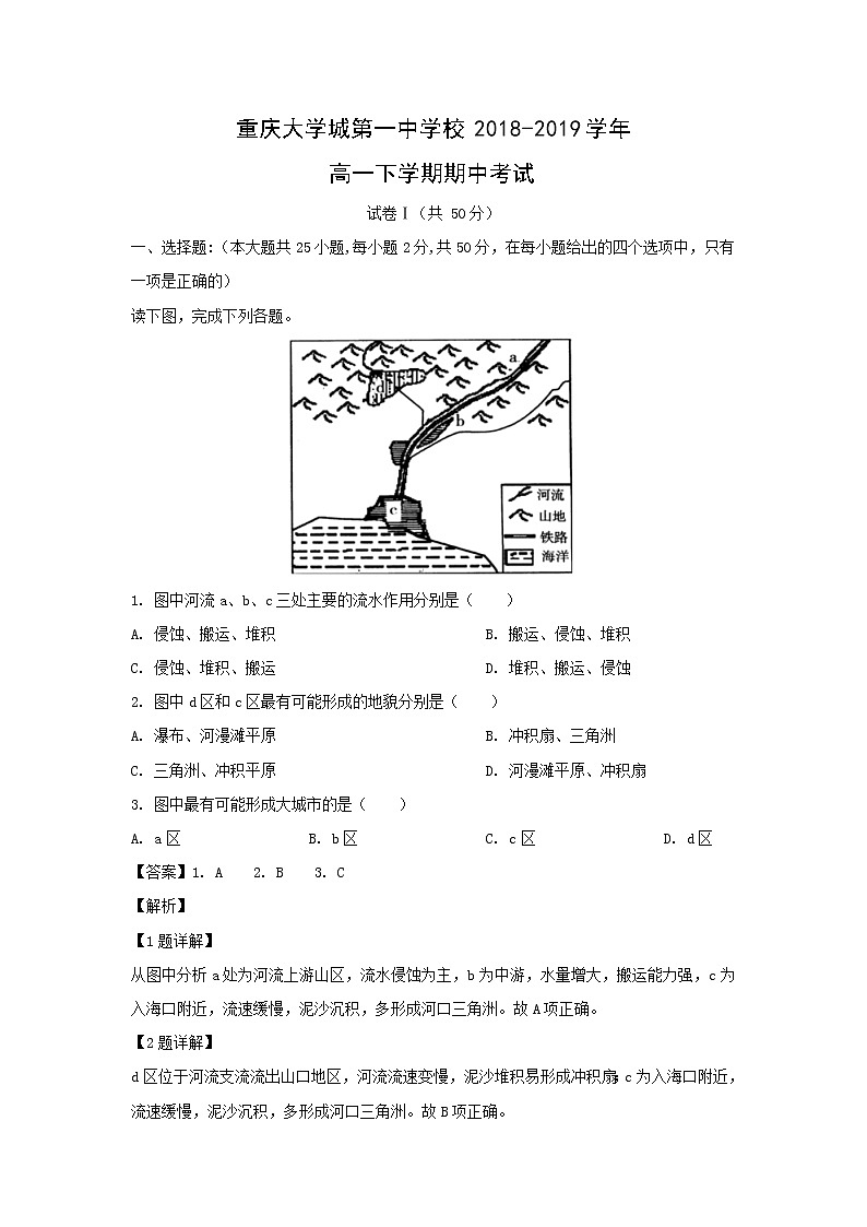 【地理】重庆大学城第一中学校2018-2019学年高一下学期期中考试（解析版）01