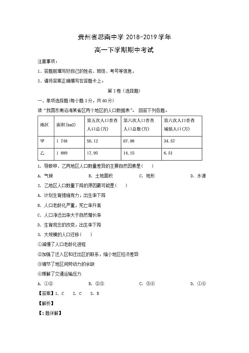 【地理】贵州省思南中学2018-2019学年高一下学期期中考试（解析版）01