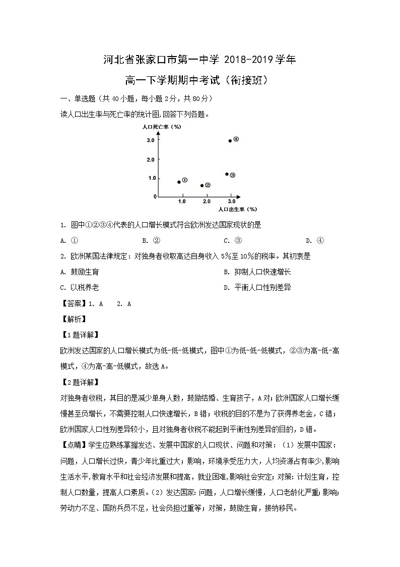 【地理】河北省张家口市第一中学2018-2019学年高一下学期期中考试（衔接班） （解析版）01