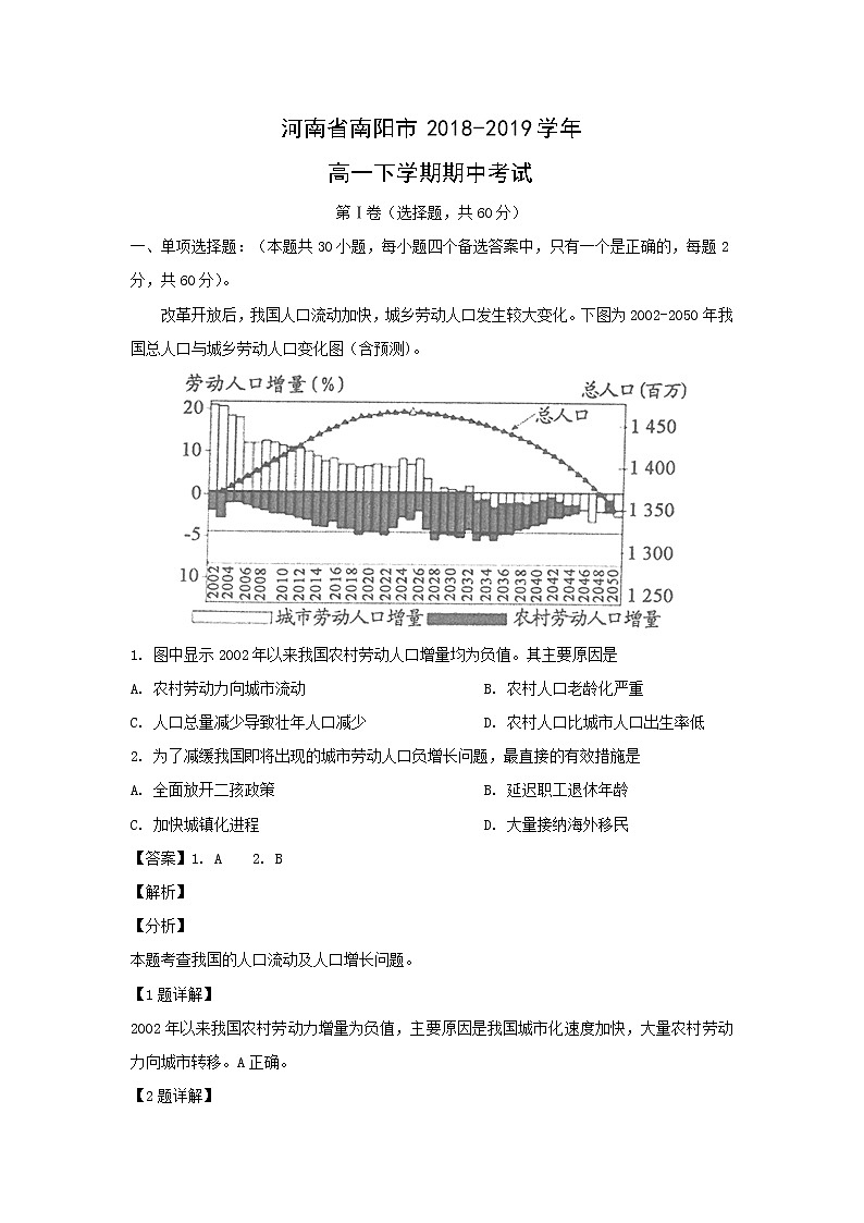 【地理】河南省南阳市2018-2019学年高一下学期期中考试（解析版）01